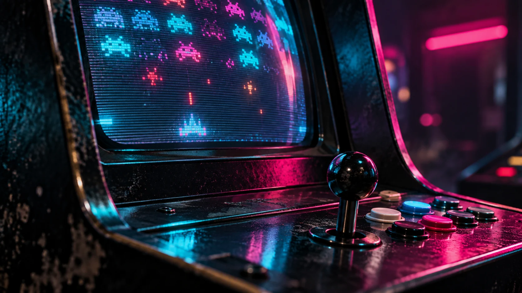 Detalhe de máquina arcade, CRT e joystick Detalhe de máquina arcade, CRT e joystick