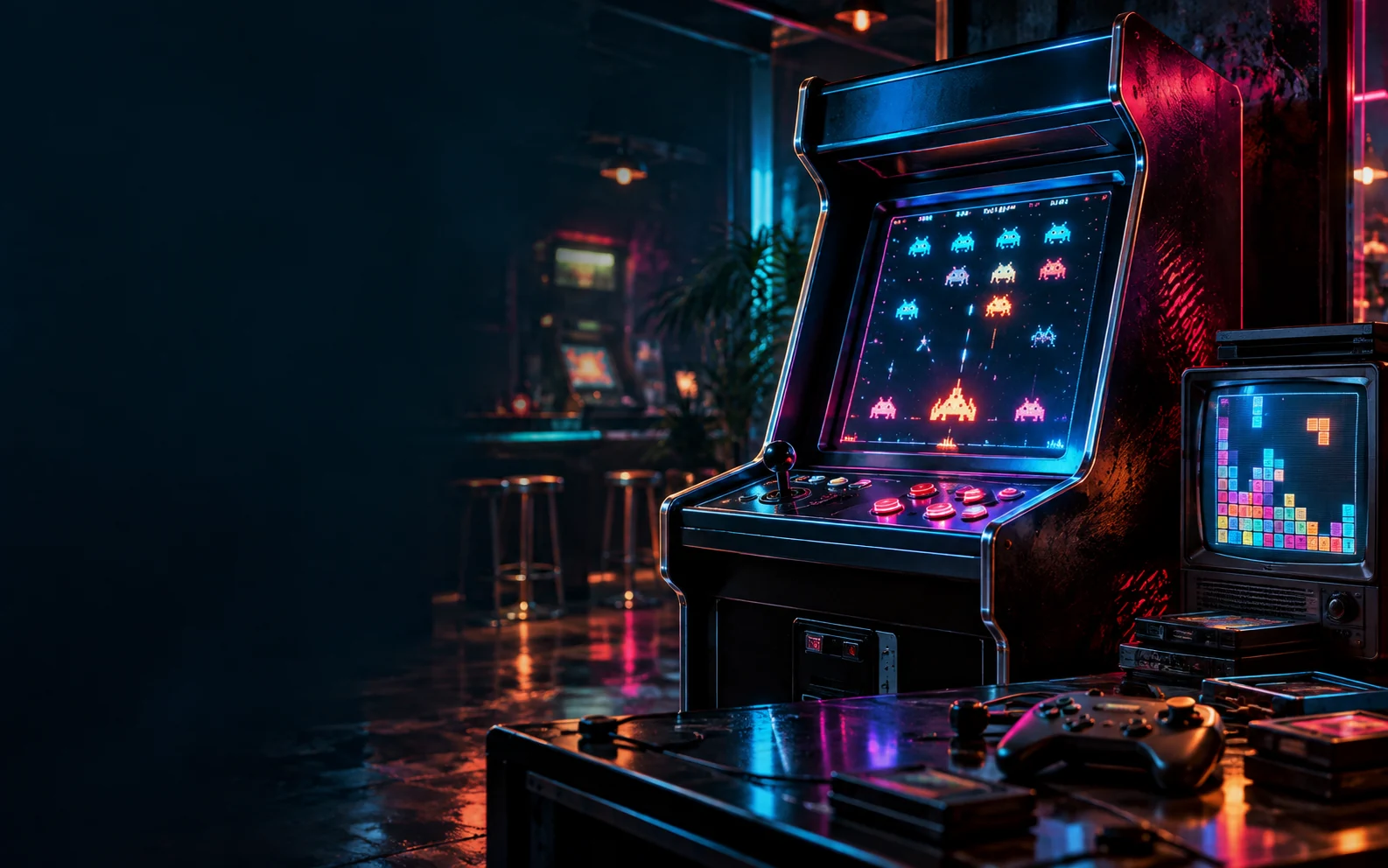 Sala arcade retro com máquinas iluminadas por néon Sala arcade retro com máquinas iluminadas por néon